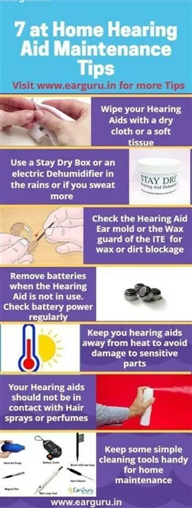 7 Tips for Care and Maintenance of Hearing Aids at Home Infographic